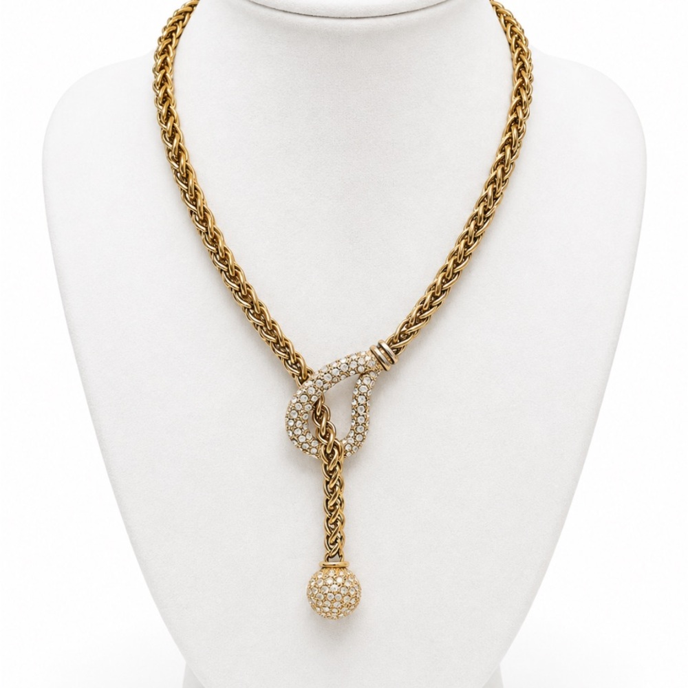 Gold Rope-Style Lariat Necklace with Pave Orb Pendant